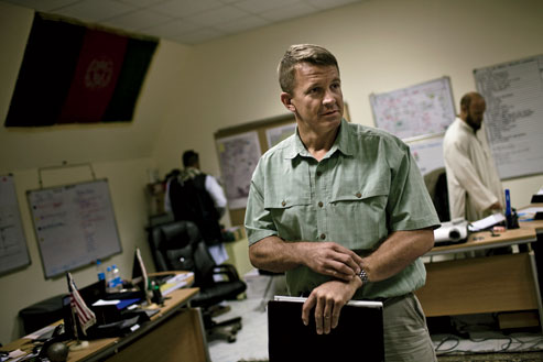 Prince in the tactical-operations center at a company base in Kabul. Photograph by Adam Ferguson.